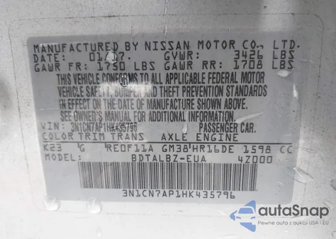 2017 Nissan Versa 1.6 Sv from USA, damaged, VIN 3N1CN7AP1HK435796